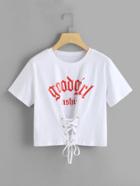 Romwe Lace Up Front Letter Print Tee