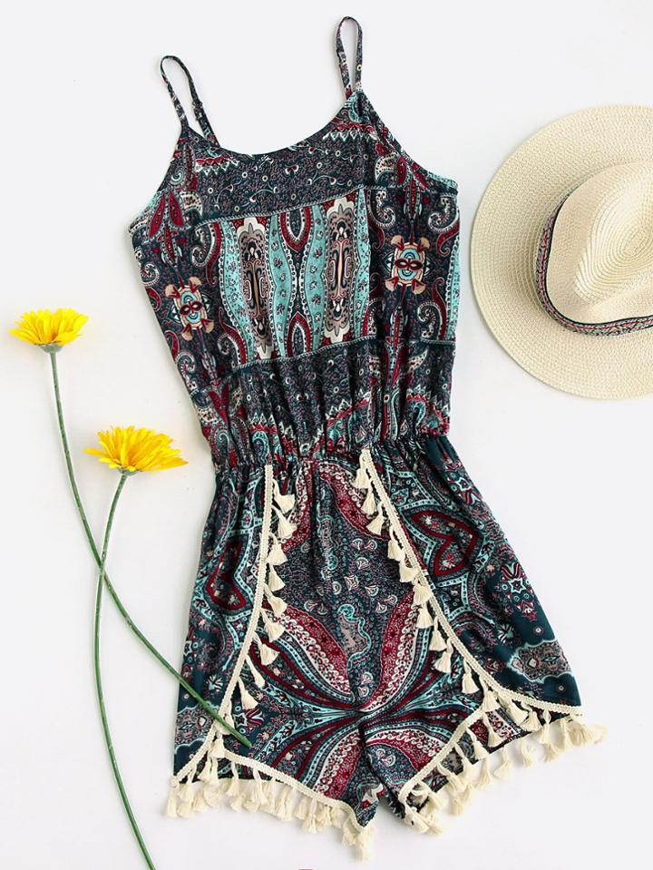 Romwe Printed Random Fringe Trim Cami Romper