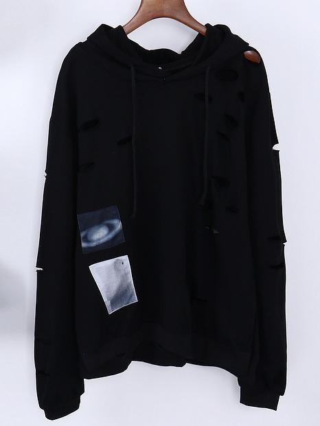 Romwe Hooded Drawstring Ripped Sweatshirt