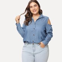 Romwe Plus Open-shoulder Denim Shirt