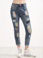 Romwe Blue Ripped Embroidered Patches Rolled Hem Jeans