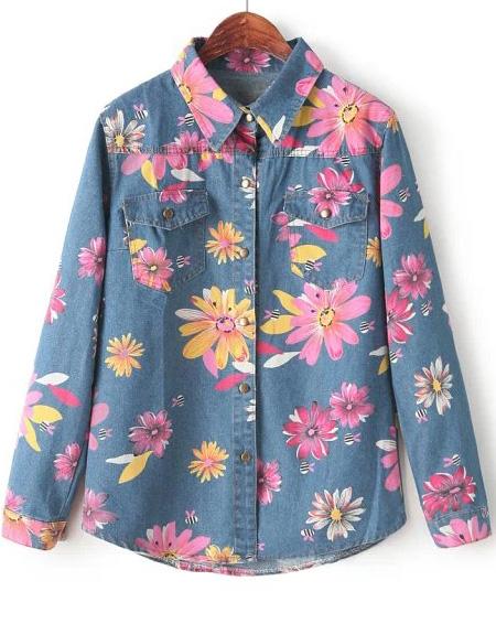 Romwe Red Long Sleeve Floral Print Denim Blouse