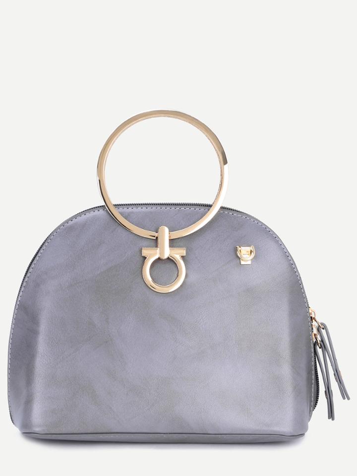 Romwe Grey Faux Leather Metal Rings Shoulder Bag