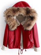 Romwe Fleece Lined Jacket With Faux Fur Trim Hood
