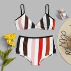 Romwe Plus Striped Plunge Top With High Waist Bikini Set