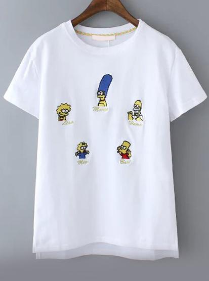 Romwe Dip Hem Simpson Embroidered White T-shirt
