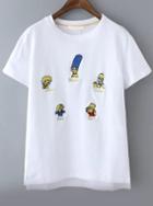 Romwe Dip Hem Simpson Embroidered White T-shirt