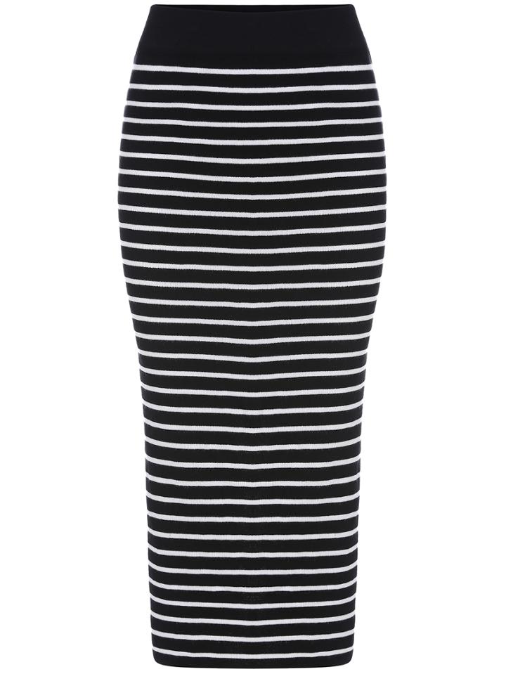 Romwe Striped Knit Slit Skinny Skirt