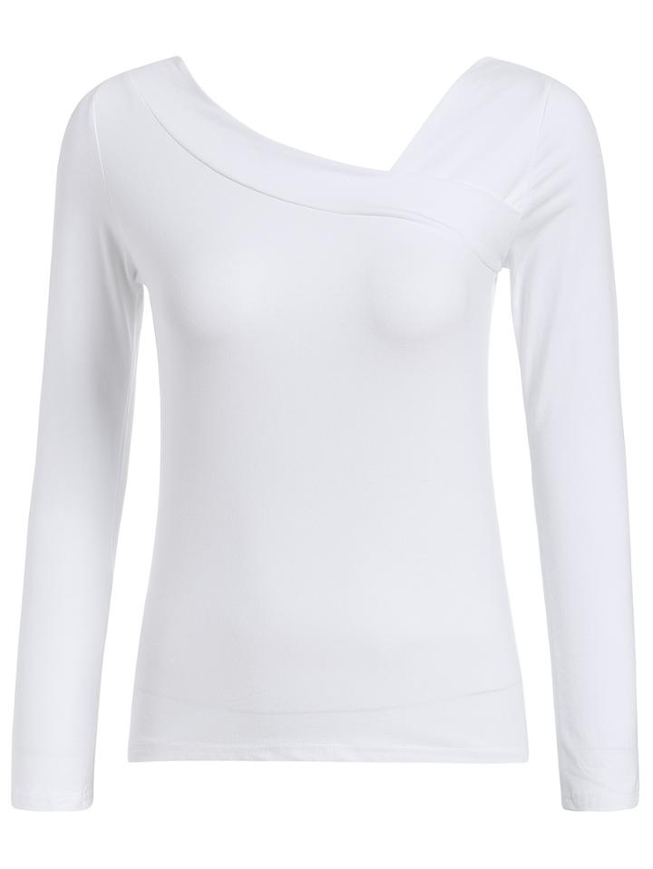 Romwe V Neck Long Sleeve Asymmetrical White T-shirt