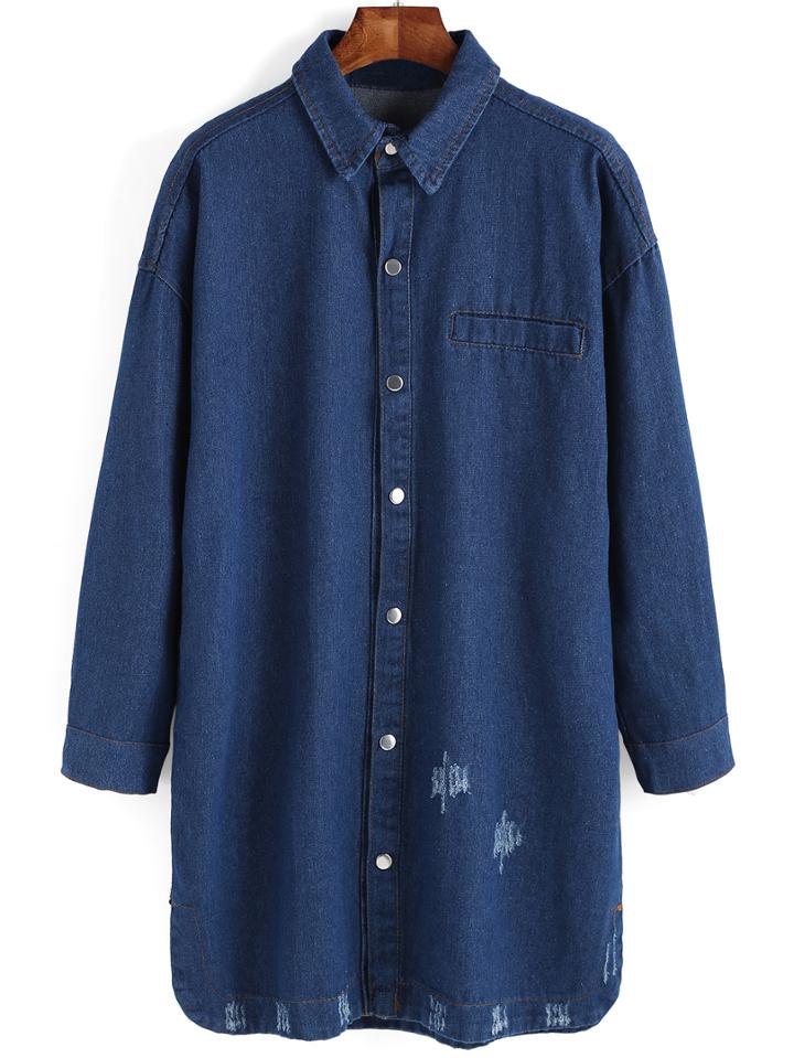 Romwe Dropped Shoulder Seam Scratch Denim Coat