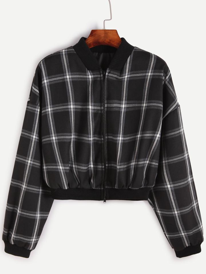 Romwe Black Grid Drop Shoulder Crop Zipper Jacket