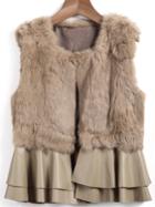 Romwe Khaki Sleeveless Rabbit Fur Coat