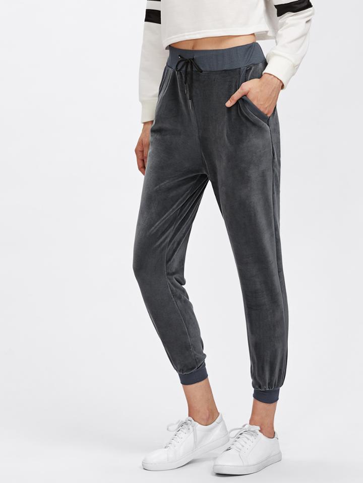 Romwe Drawstring Waist Velvet Pants