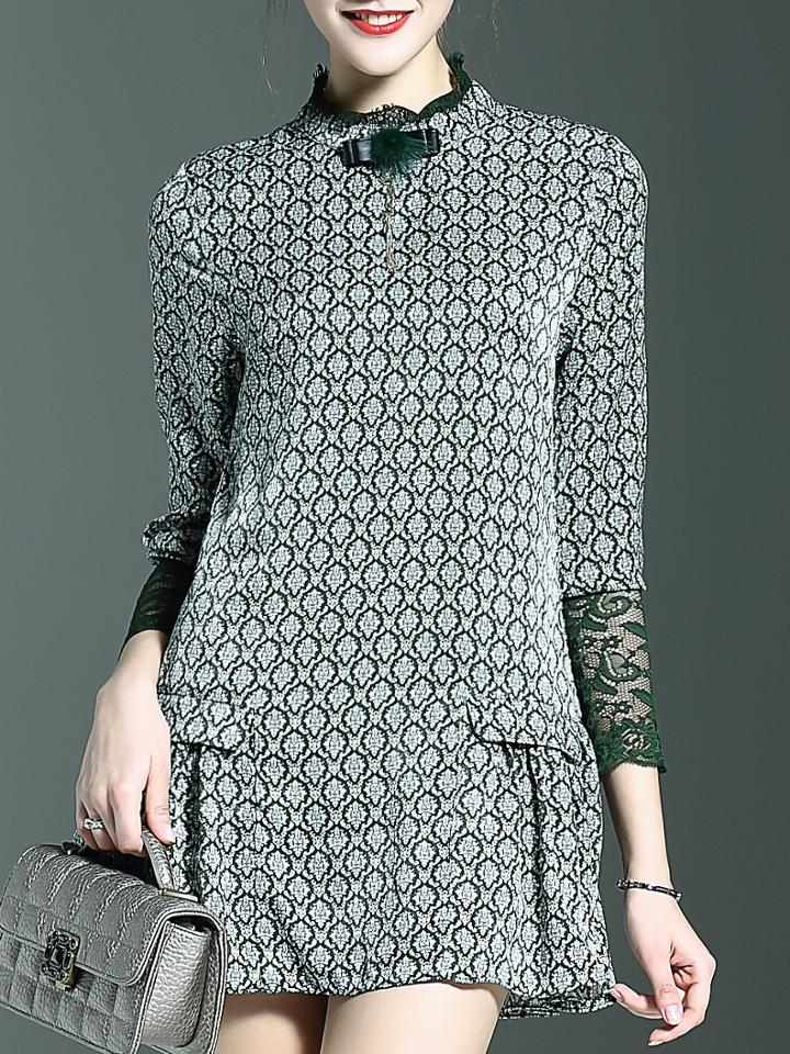 Romwe Green Contrast Lace Vintage Print Frill Dress