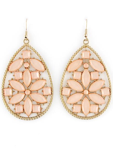Romwe Pink Gemstone Gold Hollow Drop Earrings