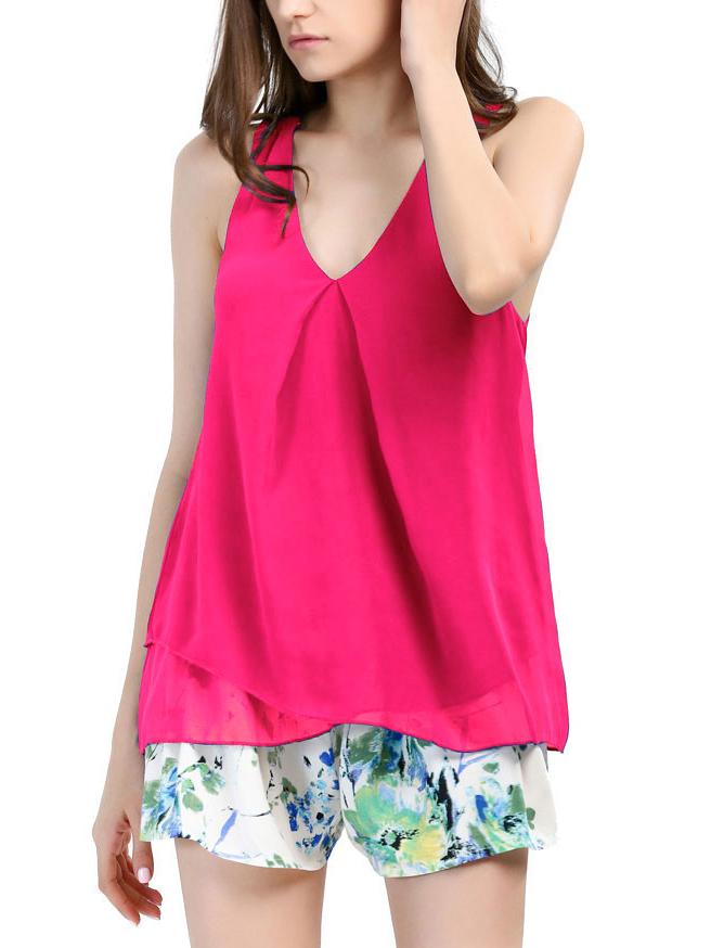Romwe Hot Pink V Neck Chiffon Tank Top