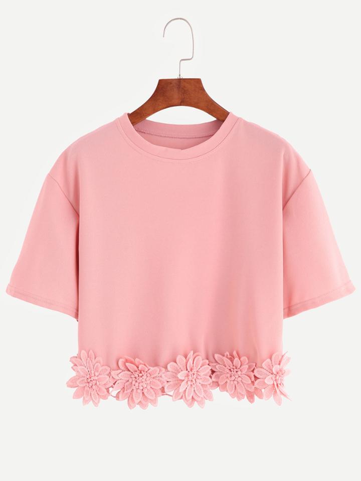 Romwe Pink Applique Crop T-shirt