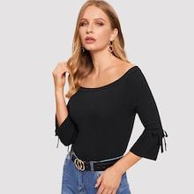 Romwe Knot Flounce Sleeve Solid Bardot Sweater