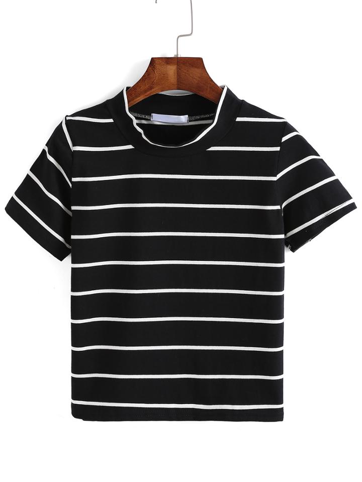 Romwe Crew Neck Striped Black T-shirt