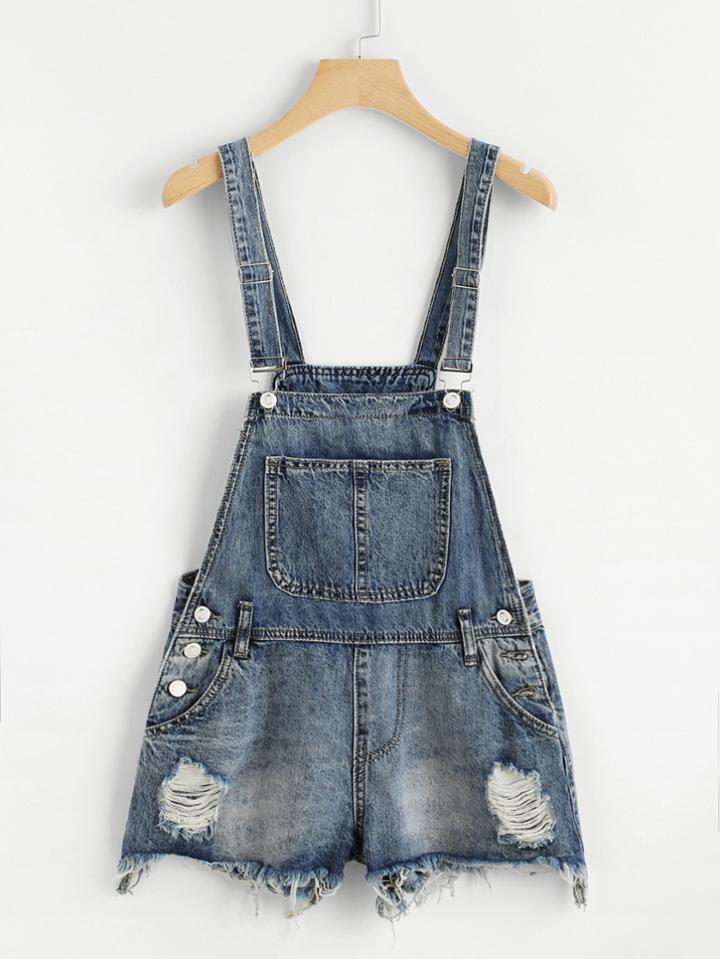 Romwe Frayed Hem Denim Overalls