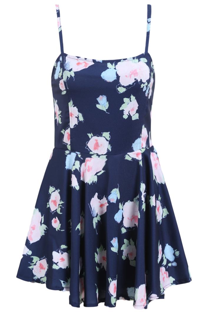 Romwe Spaghetti Strap Floral Chiffon Pleated Dress