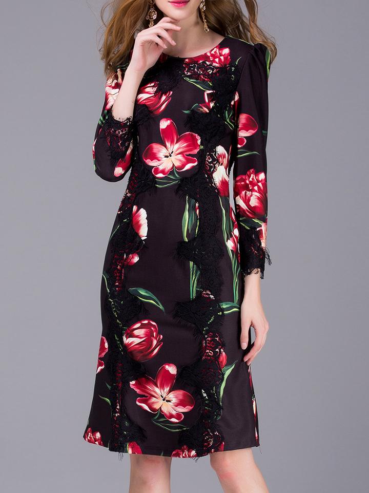 Romwe Black Flowers Print Contrast Lace Shift Dress
