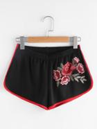 Romwe Embroidered Flower Applique Binding Detail Dolphin Shorts