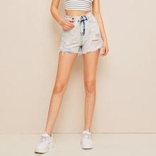 Romwe Bleached Wash Ripped Raw Hem Denim Shorts