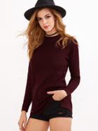 Romwe Burgundy Slit Side High Low Studded Sweater