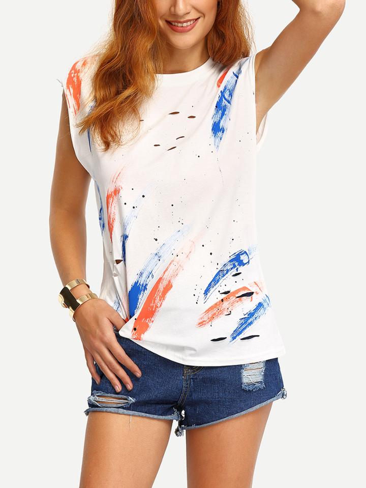 Romwe Colorful Brush Stroke Print Cutout T-shirt