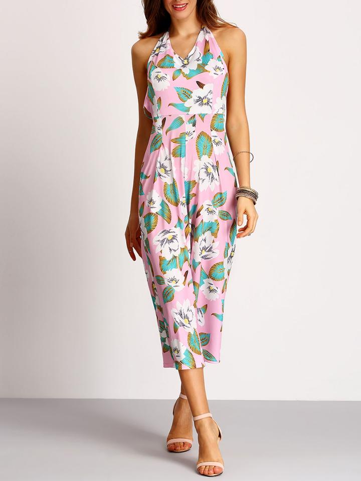 Romwe Halter Backless Leaves Print Jumpsuit