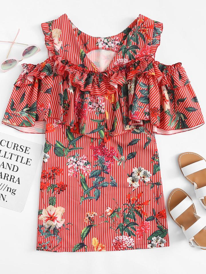 Romwe Open Shoulder Floral Print Striped Dress