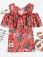 Romwe Open Shoulder Floral Print Striped Dress