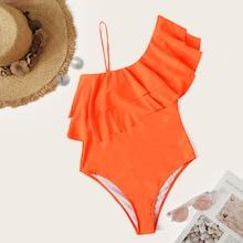 Romwe One Shoulder Flounce One Piece Swimsuit