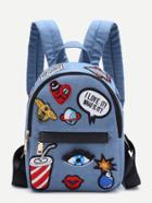Romwe Light Blue Zip Front Cartoon Patch Mini Backpack
