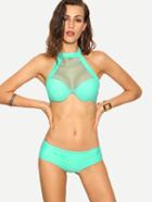 Romwe Mint Green Mesh High Neck Bikini Set