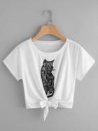 Romwe Cat And Letter Print Knot Front Tee