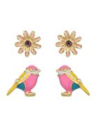 Romwe Pink Enamel Flower Bird Shaped Korean Stud Earrings