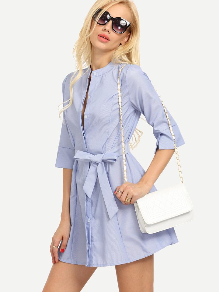 Romwe Self-tie Striped Collarless Shirt Dress - Blue