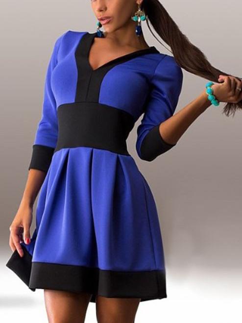 Romwe Color-block V Neck Flare Dress