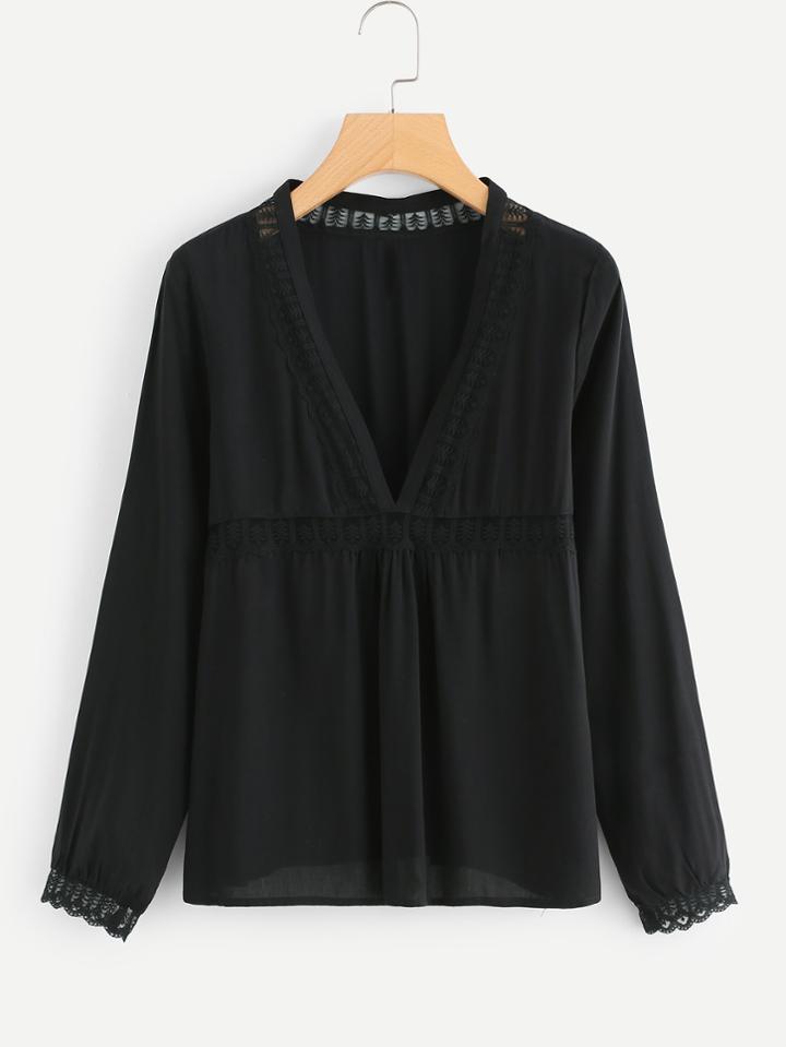 Romwe Lace Insert Plunging Smock Top