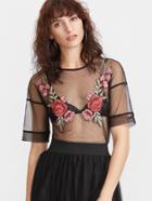 Romwe Black Embroidered Rose Applique Sheer Mesh Top