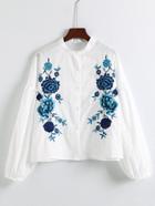 Romwe Drop Shoulder Frill Trim Embroidery Blouse