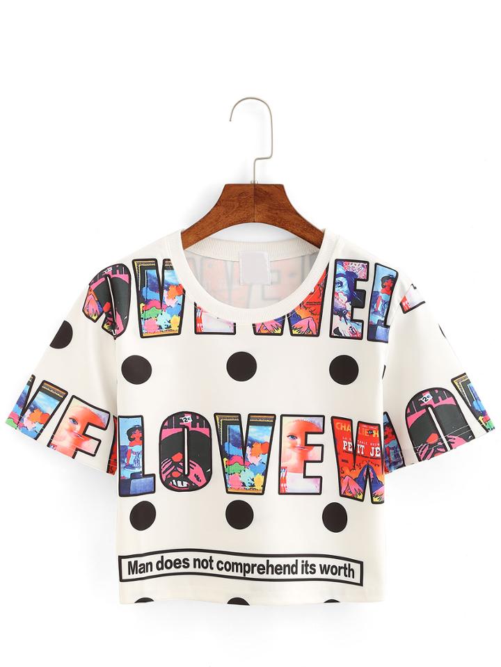 Romwe Rib Neck Letter Pirnt Crop T-shirt