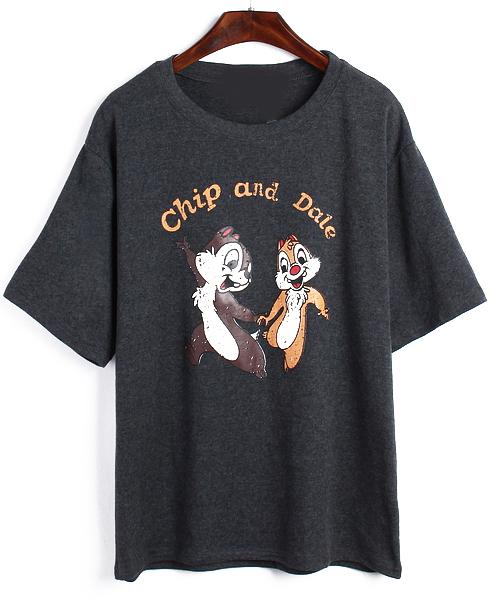 Romwe Squirrel Letter Print Grey T-shirt