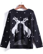 Romwe Deer Print Knit Black Sweater