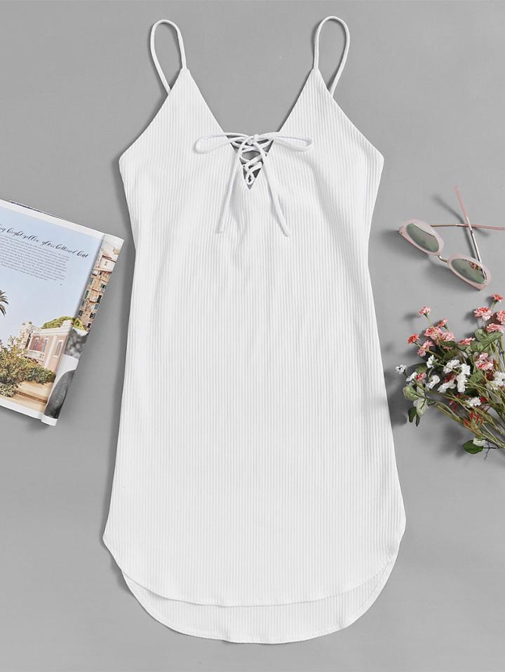 Romwe Lace Up Front Dip Hem Ribbed Cami Dress