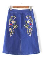 Romwe Blue Flower Embroidery Cutout Front Denim Knee Skirt