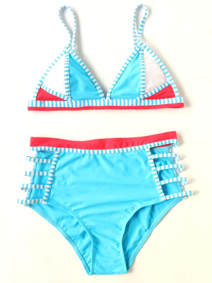 Romwe Turquoise Striped Trim Ladder Cutout High Waist Bikini Set