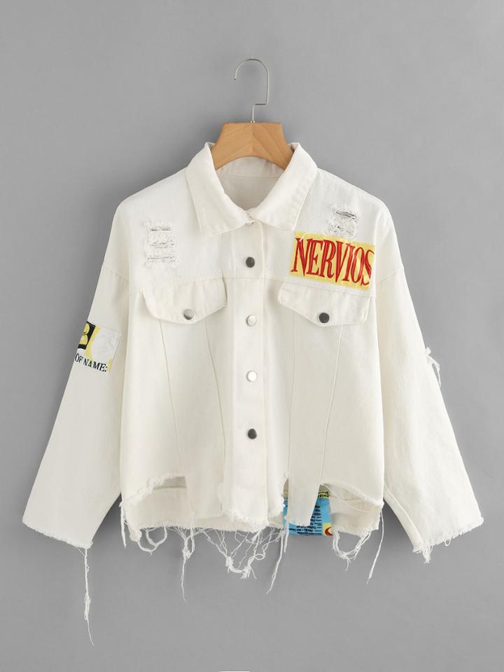 Romwe Patch Detail Ripped Raw Hem Jacket